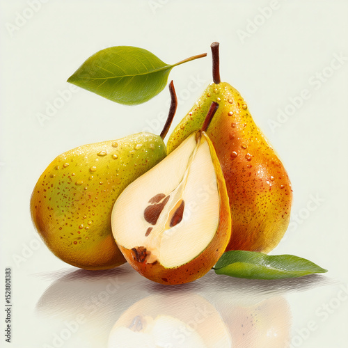 pear fruit product photo on white background, two pears one whole and one split showing fresh and juicy inside, ai generated images.