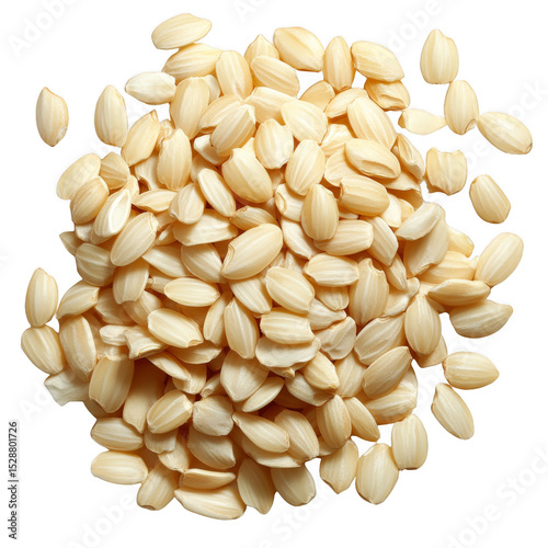 A pile of peeled melon seeds with a smooth, pale texture and an oblong shape. Png, Transparent background.
