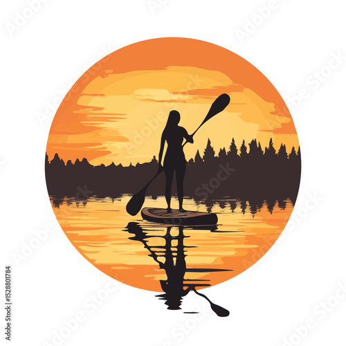 Sunset Paddleboarding Quiet Lake 2D flat vector illustration, isolated on a white background.