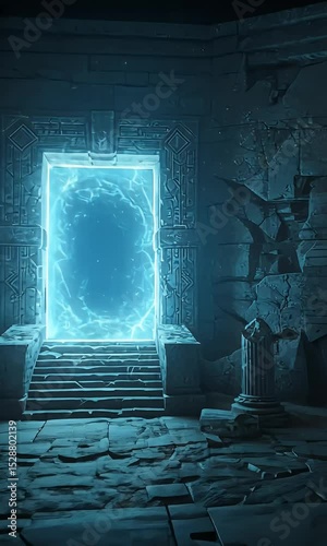 3D Blue Energy Gateway Ancient Ruins Background