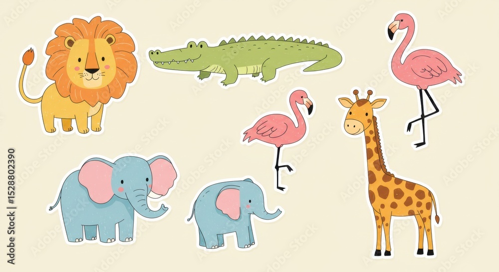 Naklejka premium Cute Cartoon Safari Animals Collection