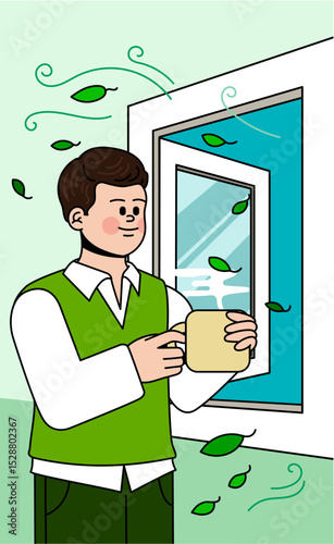 Man enjoying a cup of coffee near an open window
