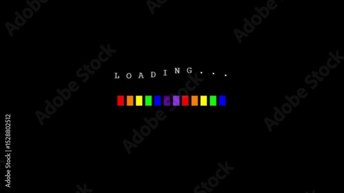 Rainbow Pixel Loading Bar Animation With Bouncing Loading Text and Retro Arcade-Style UI on Black Background Seamless Loop.