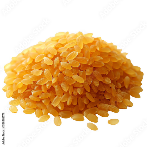 A heap of uncooked yellow rice grains stacked together, showcasing their smooth texture and elongated shape. Png, Transparent background.