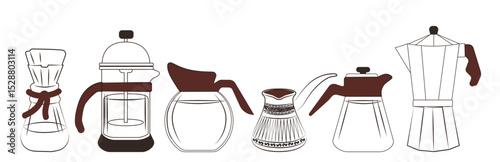 Vector illustration showcasing a variety of coffee makers including French press, moka pot, and pour-over designs, highlighting different brewing methods and equipment shapes.