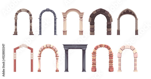 Stone arches of castles. Ancient medieval gates, architecture elements, antique column, games graphic resources marble and brick doorway, cathedral entrance tidy vector cartoon flat isolated set