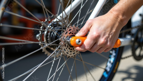 Person is adjusting bicycle rear wheel using tool, showcasing intricate details of bike components. scene captures essence of bike maintenance and repair, emphasizing importance of proper upkeep