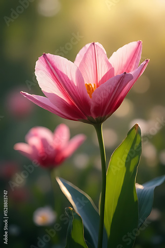 Highly detailed magical flower close-up in a fairytale garden with natural light effects, realistic depth, soft bokeh background