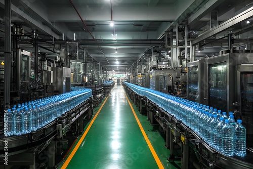 Wallpaper Mural Inside a water factory showing rows of machines filling bottles, brightly lit workspace, cleanliness and precision in focus Torontodigital.ca