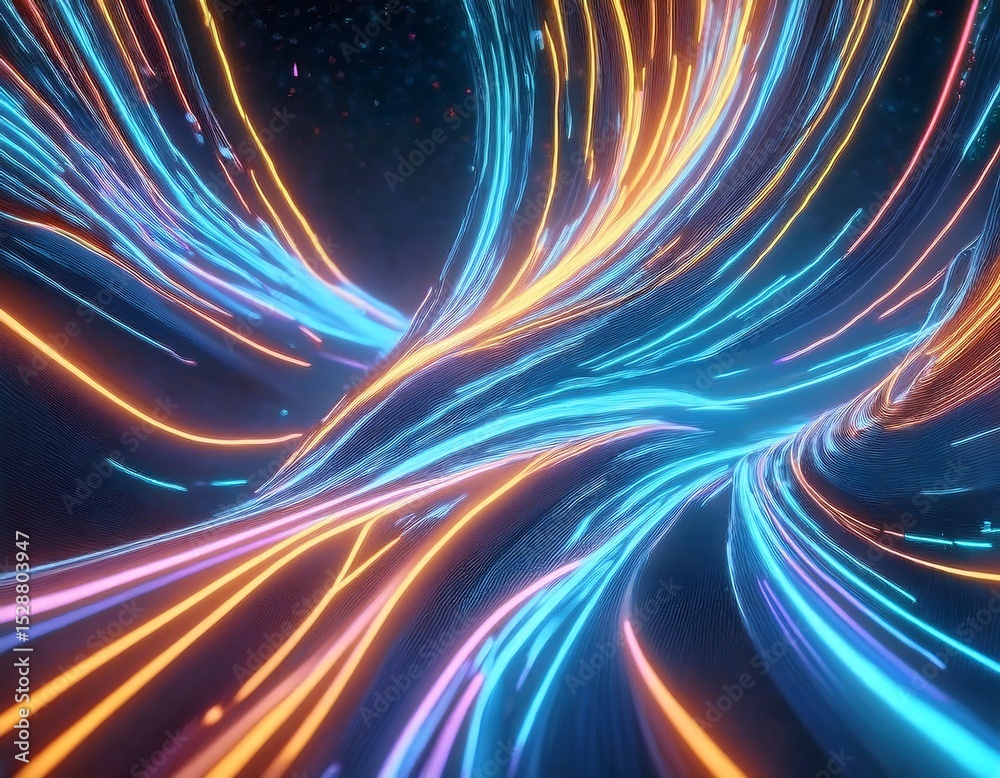 A dynamic and futuristic abstract landscape featuring flowing neon lines in vibrant colors creating a sense of digital energy, technology, and a cyberpunk aesthetic. A dynamic and futuristic abstract landscape featuring flowing neon lines in vibrant colors creating a sense of digital energy, technology, and a cyberpunk aesthetic.