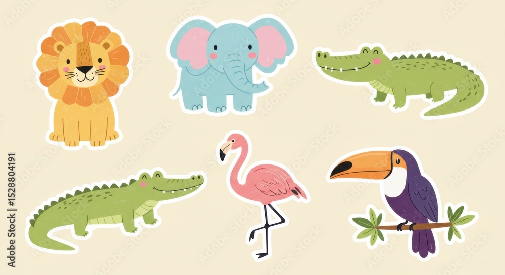 Obraz premium Cute Cartoon Safari Animals Sticker Set