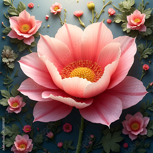 Lush and intricate fantasy flower scene with a central oversized bloom, surrounded by soft surreal background, vibrant yet elegant coloring 
