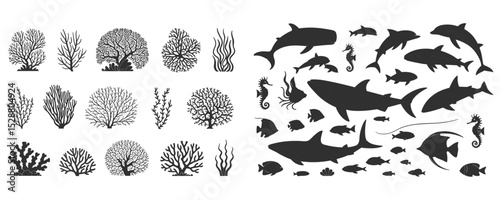 Marine Life Silhouettes Vector Collection: Underwater Coral Reefs, Seaweed, Fish, Sharks, Dolphins, and Seahorses for Ocean-Themed Designs