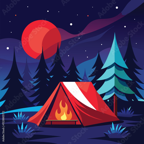 Night camping in the mountains with a tent, a winter landscape vector illustration perfect for a travel logo design