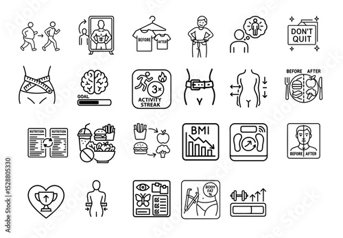 Weight loss transformation concept shown with fitness, diet, and progress icons for motivation