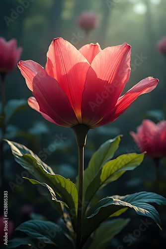 Majestic realistic giant flower in a fantasy garden with rich detail, glowing accents, depth of field, and clean layout 