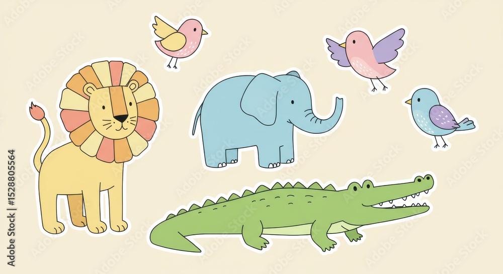 Obraz premium Cute Cartoon Safari and Jungle Animal Stickers Collection