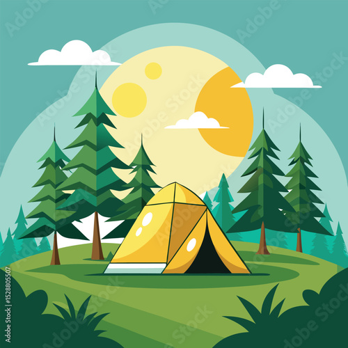 Stylized Camping Scene with Yellow Tent Pine Trees and Large Moon
