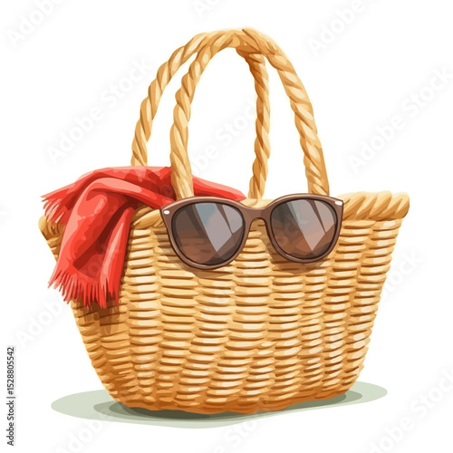 Straw Bag Sunglasses Towel vector 2D flat illustration, isolated on a white background.