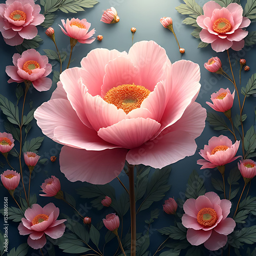 Hyper-detailed fantasy botanical scene featuring a dominant oversized flower with sparkling elements, professional composition, airy atmosphere