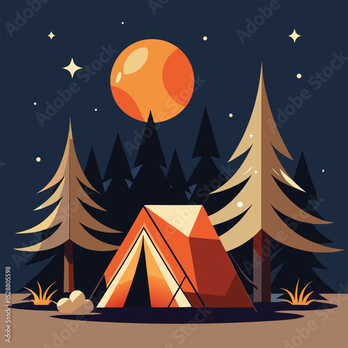 Camping under the full moon with a tent in the forest at night