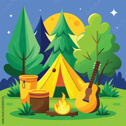 Cartoon vector illustration of a green forest landscape with a summer camping tent under the sun and sky