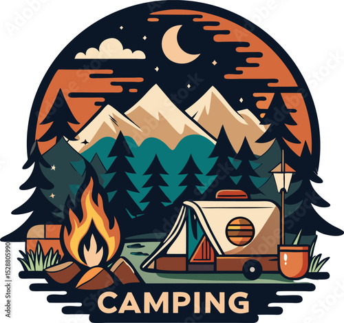 Vintage Style Camping Scene with Tent Fire Mountains and Crescent Moon