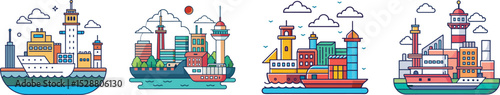 Port Flat Illustration Shipping, Maritime Logistics and Cargo Harbor Concept