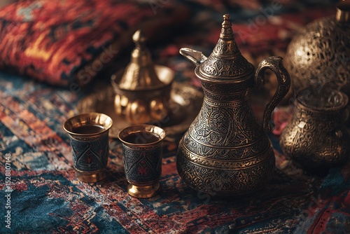 Middle Eastern coffee ritual with ornate dallah coffee pot and small cups, patterned carpet background, cultural richness and soft lighting