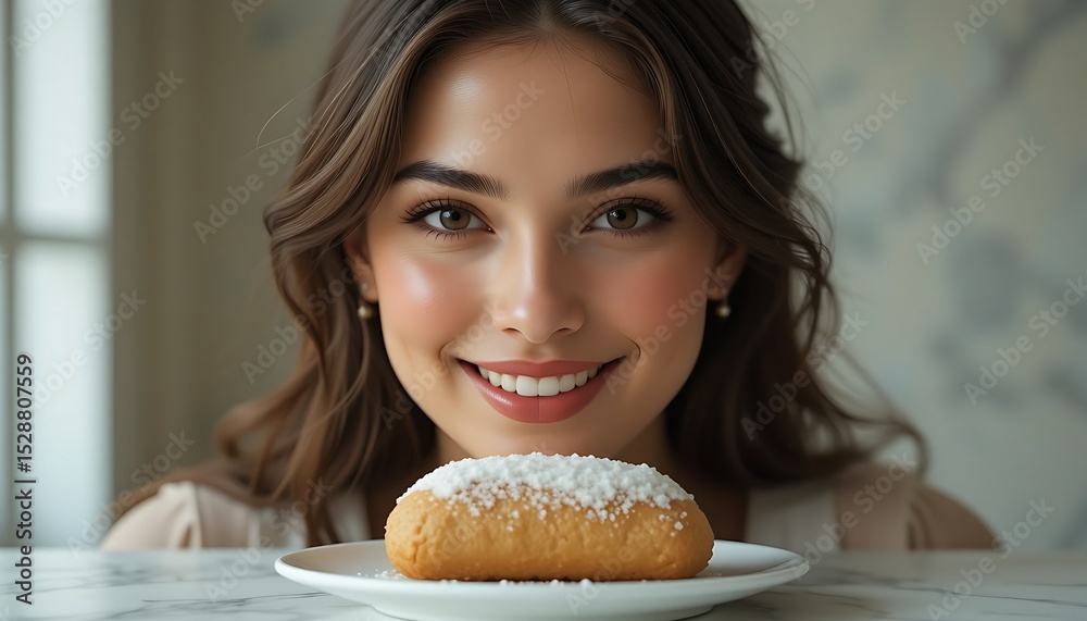 An advertising photograph shows a close-up of the face of a smiling elegant Italian couture female model with a cannoli in table, in front of her, her hands invisible An advertising photograph shows a close-up of the face of a smiling elegant Italian couture female model with a cannoli in table, in front of her, her hands invisible