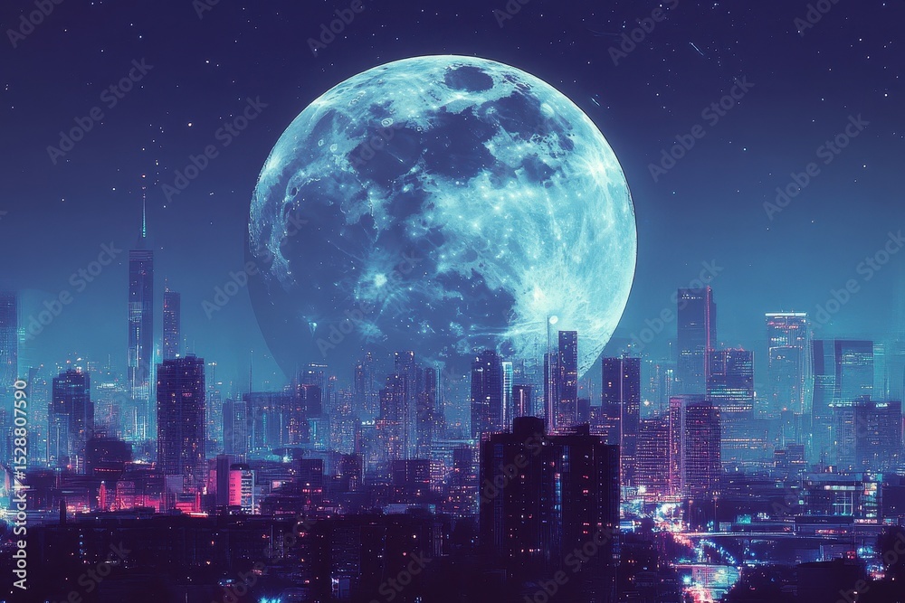 Obraz premium Large moon illuminates a vibrant cityscape at night with stars twinkling above, Zooming in on a large moon above night city, retrowave, sythwave