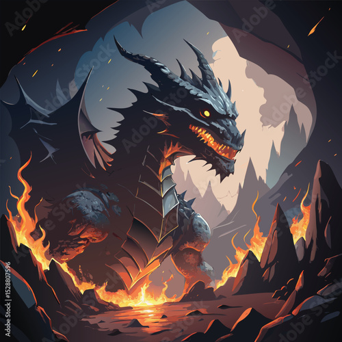 Majestic Black Dragon Guardian in a Fiery Cave Landscape
