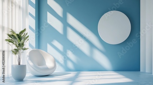 Minimalist Stage with Plant: A serene, minimalist setting featuring a tiered stage with a lush potted plant, bathed in the play of light and shadow, creating a tranquil ambiance


