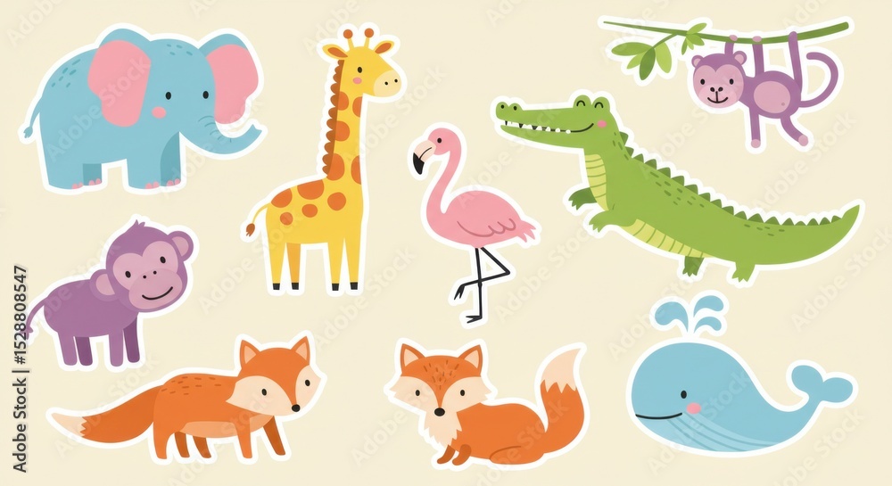 Obraz premium Cute Cartoon Animal Sticker Illustrations Set