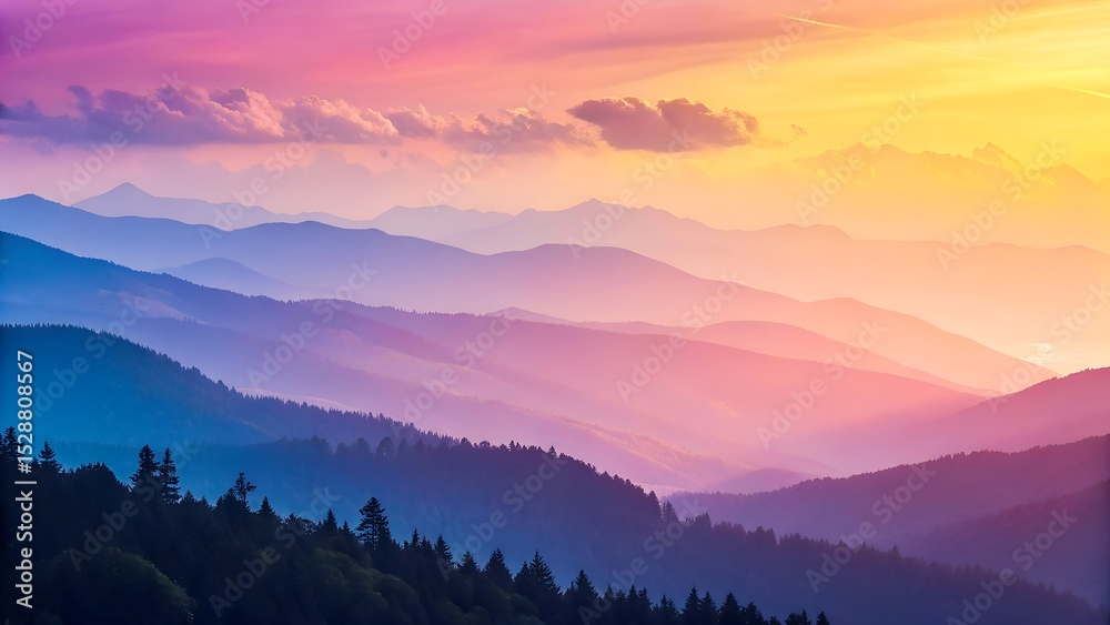 Fototapeta premium Serene sunset over layered mountains and forests scenic landscape