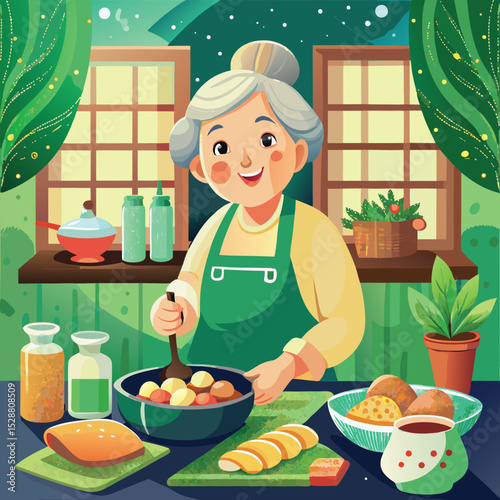 Grandmother Cooking a Meal in a Cozy Kitchen at Night Illustration