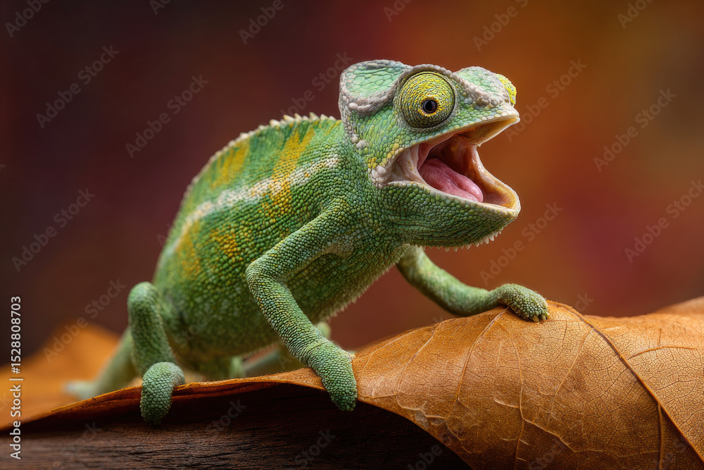 Fototapeta premium Green Chameleon with Open Mouth on Leaf Showing Pink Tongue and Yellow Eyes