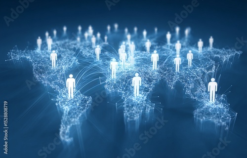 A social network concept with glowing people icons connected by lines on a blue background world map.
