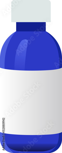 Blue medical bottle with label. Flat vector illustration.