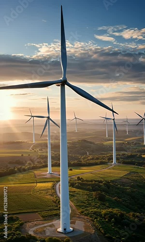 Aerial View of Wind Turbines in Green Fields at Sunset