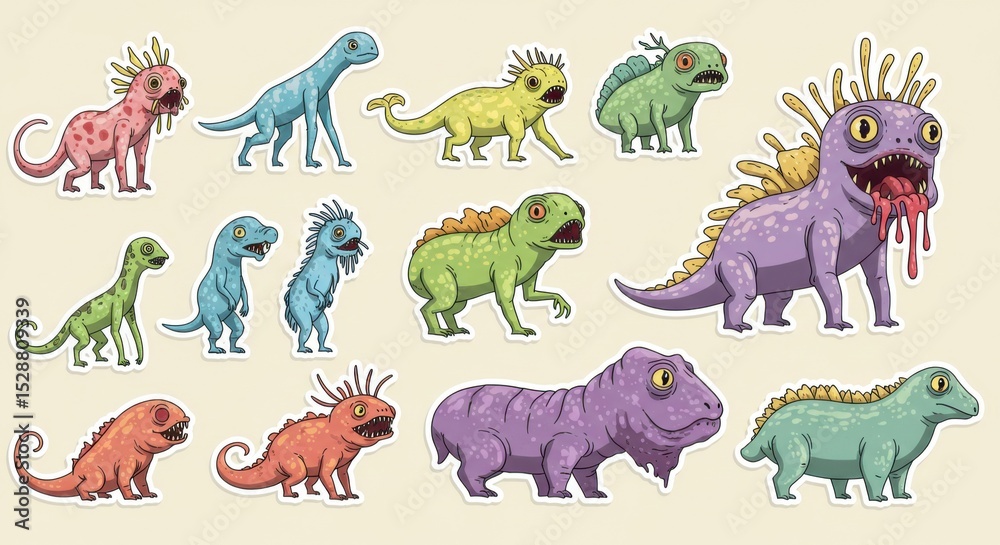 Obraz premium Colorful Cartoon Monster and Dinosaur Sticker Collection