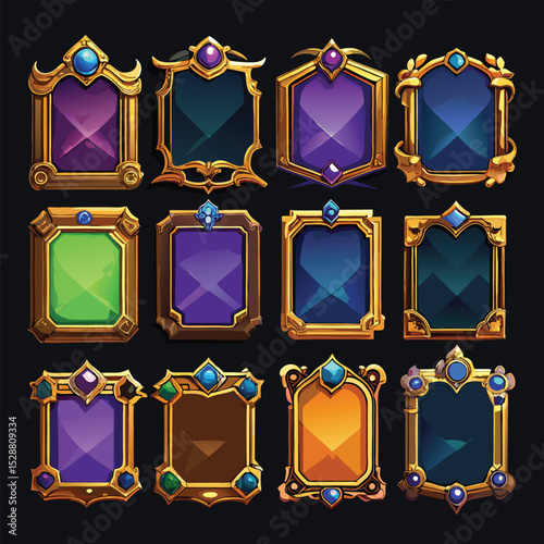 Collection of Decorative Game UI Frames with Gemstone Accents on Dark Background