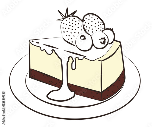 Vector illustration of a cheesecake slice topped with ripe strawberries and blueberries, elegantly presented on a plate. Perfect for dessert menus, food blogs, or culinary projects.