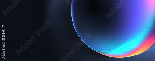 Digital abstract image of a glowing translucent sphere in shades of blue purple pink and cyan against a dark gradient background with smooth gradients and curves