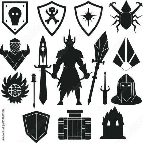 Collection of Fantasy and Medieval Themed Black Silhouette Icons and Symbols