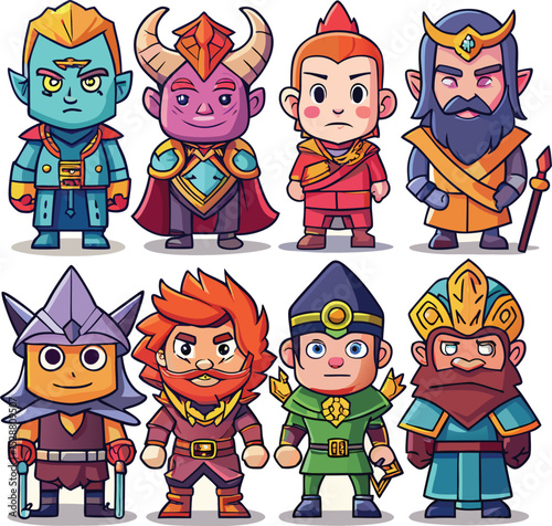 Collection of Eight Cartoon Fantasy Characters with Unique Designs and Color Schemes