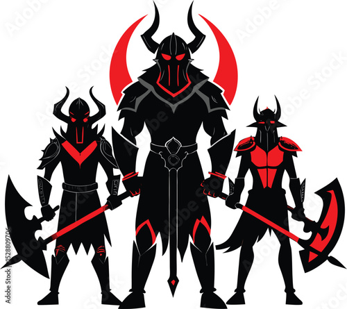 Three Dark Warriors with Red Accents and Horned Helmets Stand Ready