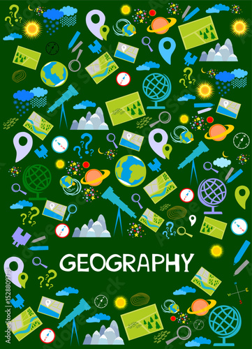Geography. Education concept. Back to school background. Lettering. Set of geography symbols. Cartoon illustration for school subject design. Online lesson for pupils and students. vector Illustration