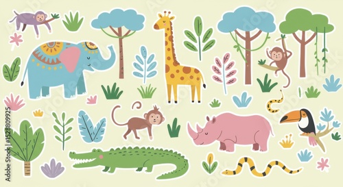 Cute Cartoon Safari Animals and Jungle Plants Collection