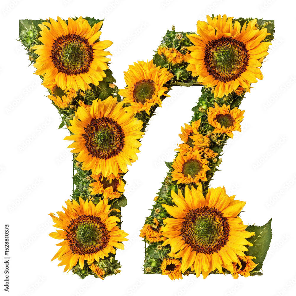 Fototapeta premium Sunflowers beautifully arranged to form the letters Y and Z, showcasing vibrant yellow petals against a white background, Image sunflowers arranged in the letters YZ, isolated on a white background